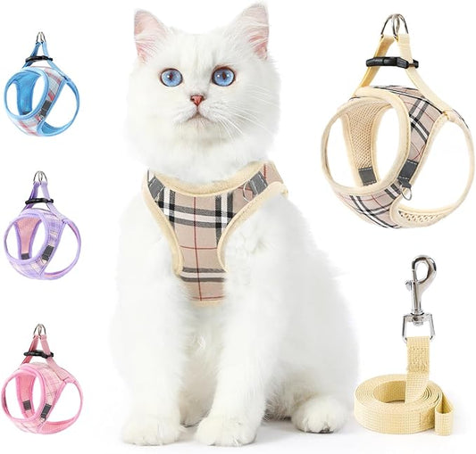 voopet Extra Small Dog Harness and Leash Lightweight Cat Comfort Padded Soft Mesh Vest Step in Dog Harness No Pull No Choke Reflective Small Plaid Girl & Boy Puppy Kitty Walking Harness, Beige XXS