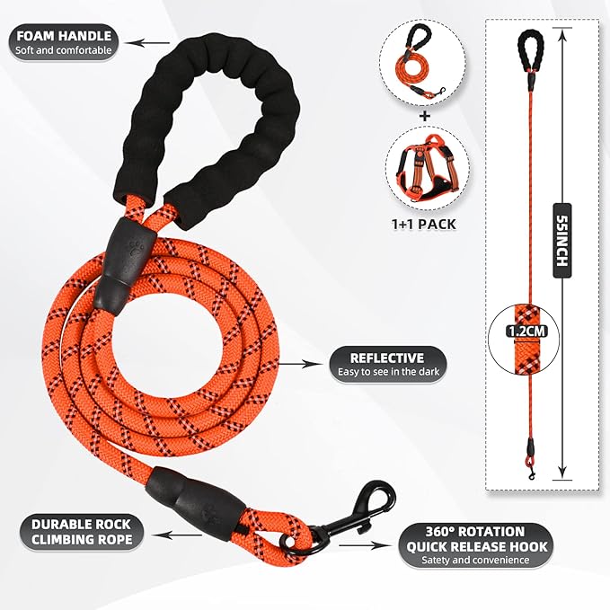 No Pull Dog Harness with A Free Heavy Duty 5ft Dog Leash, Adjustable Soft Padded Dog Vest, Reflective No-Choke Pet Oxford Vest with Easy Control Handle for Small and Large Dogs(Orange, Small)