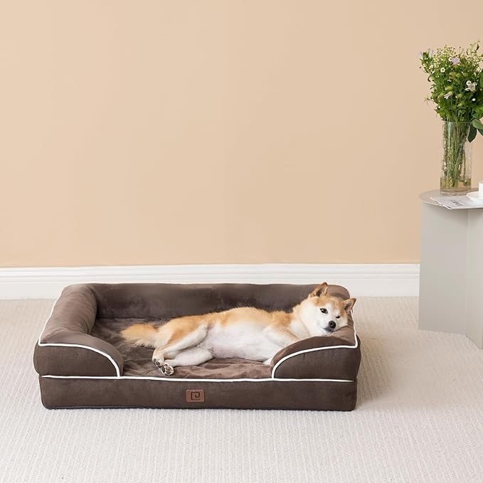 EHEYCIGA Orthopedic Dog Beds for Large Dogs, Waterproof Memory Foam Large Dog Bed with Sides, Non-Slip Bottom and Egg-Crate Foam Pet Couch Bed with Washable Removable Cover, Brown