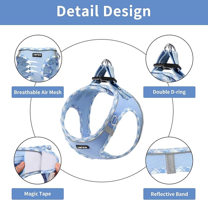 AMTOR Small Dog Harness with Leash Set, No Escape Easy Walk Puppy Harnesses for Training Walking, Step-in Reflective Soft Dogs Vest for XS S Medium Extra-Small Large Sized Dog(XXS Size,Blue/White)