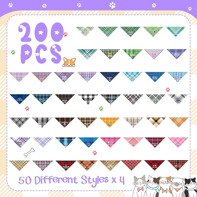 200 Pcs Dog Bandana Bulk Summer Plaid Grooming Pet Bandanas with Cute Sayings for Small to Large Dog Puppy Scarf Spring Holiday Costume Birthday Supplies for Small to Large Cats(Adorable Style)