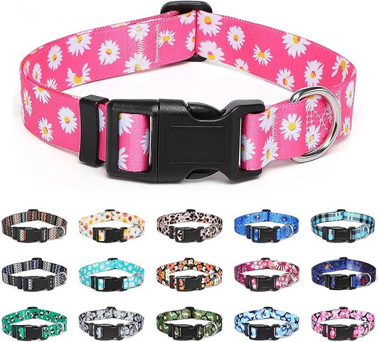 Adjustable Dog Collar with Patterns, Ultra Comfy Soft Nylon Breathable Pet Collar for Small Dogs (XS, Pink Daisy)