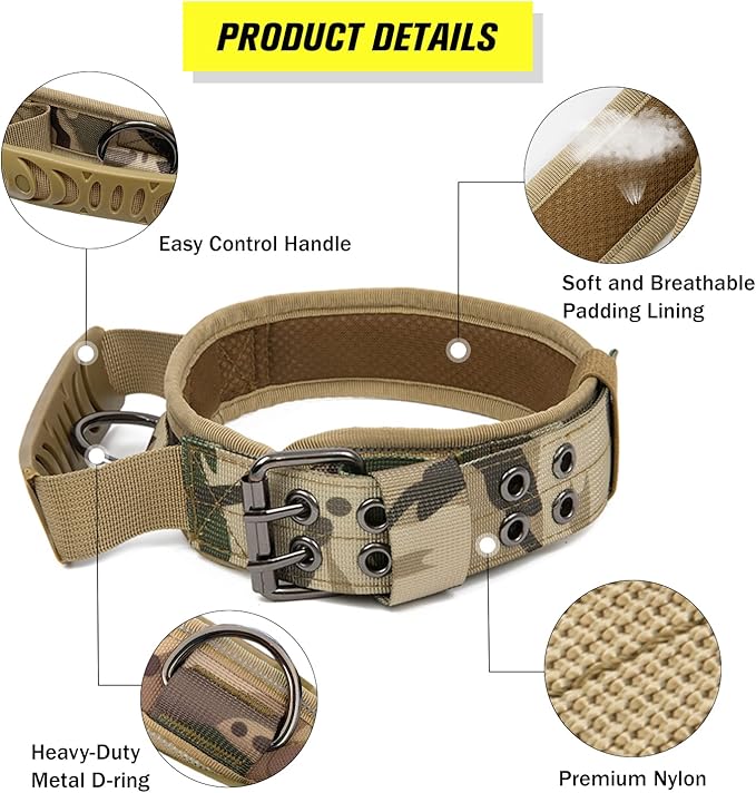 Tactical Dog Collar with Handle - Military Adjustable Dog Training Collar Soft Nylon and Heavy Duty Metal Buckle for Medium Large Dogs - with Patch (Camo with Patch, Medium)