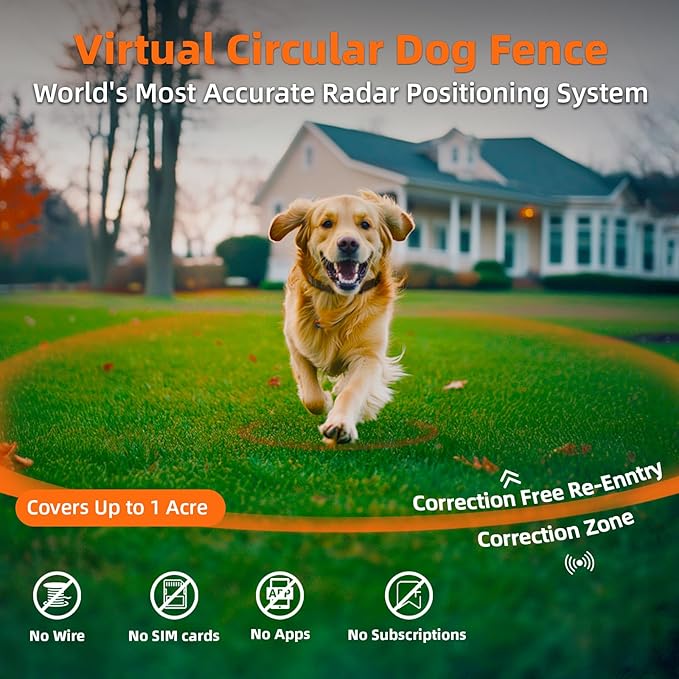Wireless Fence For Dogs, Dog Training, Forbidden Zone, 3-in-1 Precise Radar Wireless Fence System Up to 1 Acre, Real-Time Distance Monitoring, Indoors & Outdoors, Medium to Large Dogs 20-110lbs