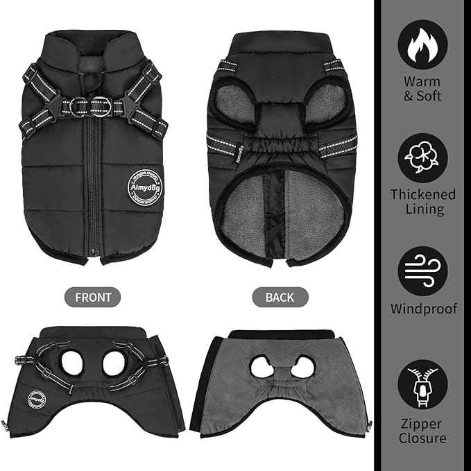 Warm Winter Coat, Waterproof Windproof Jacket, Reflective Adjustable Black Pet Vest with Harness, Thick Polar Fleece Lining Cozy Apparel for Small Medium Dogs & Cats