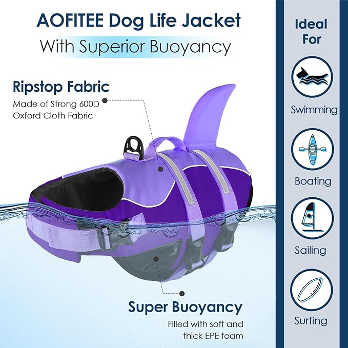 AOFITEE Dog Life Jacket Small, High Flotation Shark Dog Life Vest, Reflective Dogs Lifesaver for Swimming Boating, Ripstop Dogs Swimming Vest with Rescue Handle and High Buoyancy, Pet Swimsuit, S