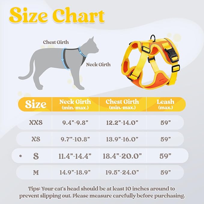 rabbitgoo Cat Harness and Leash Set, Escape Proof Soft Adjustable Vest Harnesses for Outdoor Walking, Easy Control Breathable Kitten Jacket with Reflective Strips, Orange & Yellow, S