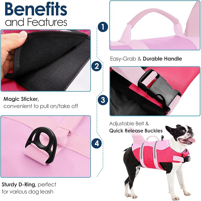 AOFITEE Dog Life Jacket, Shark Dog Life Vest for Swimming Boating, High Flotation Pet Lifesaver with Rescue Handle, Reflective French Bulldog Lifejacket, Life Jackets for Small Medium Large Dogs, M