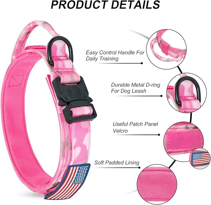 Hotsky Tactical Dog Collar, Adjustable Military Training Nylon Airtag Collar with Handle and Heavy Duty Metal Buckle for Medium Large Dogs, with Airtag Holder and Two Patches(Pink Camo,M)
