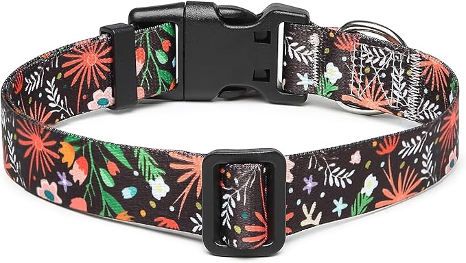Adjustable Dog Collar with Patterns, Ultra Comfy Soft Nylon Breathable Pet Collar for Small Medium Large Dogs (M, Plants)
