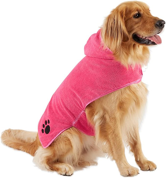 Bone Dry Pet Robe Collection, Embroidered Absorbent Microfiber Bath Robe with Adjustable Closure, for Dogs & Cats, Large, Raspberry Sorbet