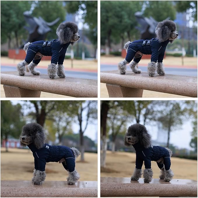 Warm Dog Coat Double Layers Dog Vest, 4 Legs Covered Windproof Waterproof Reflective Warm Dog Vest Outdoor Skating Dog Costume for Small Medium Large Dogs Navyblue 5XL
