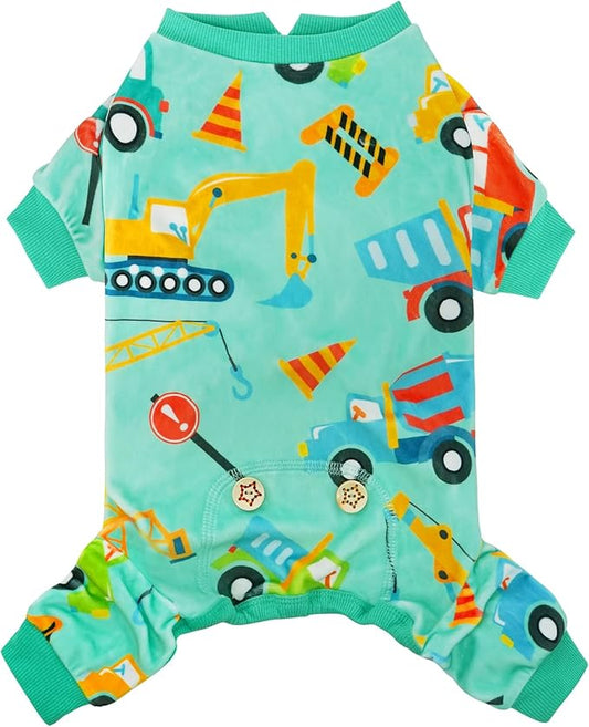 KYEESE Dog Pajamas Velvet Dog Pajamas Small Sized Dogs Soft Dogs Clothes Pet Coat Stretchy Doggie Pjs Pet Costume with Construction Vehicles Pattern Comfy Doggie Jammies Onesie, Medium