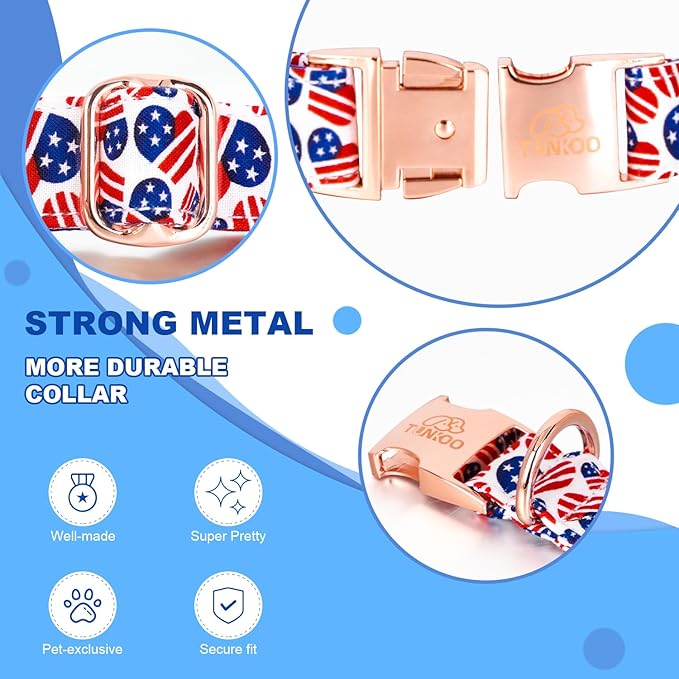 Tunkoo American Flag Dog Collar with Bow Tie Super Cute Heart, Adjustable and Stylish Pet Collar with Metal Buckle, Available in Small, Medium, Large M