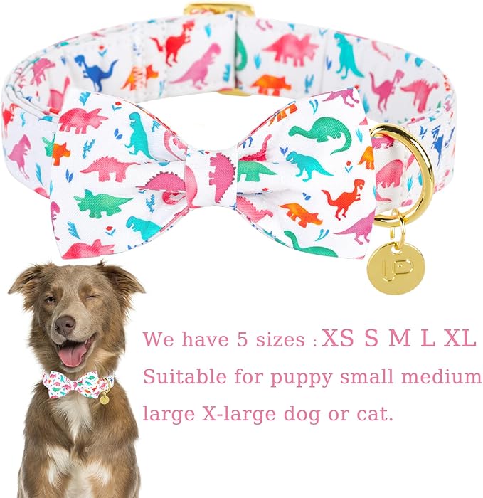 Bow Tie Dog Collar, Dinosaur Adjustable Comfortable Cotton Dog Collar with Bowtie, Metal Buckle Dog Bowtie Collar for Small Girl Boy Dog, S