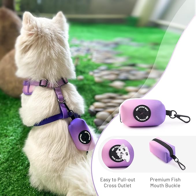 QQPETS Dog Harness Collar Leash with Poop Bag Holder 4 PCS Set, Adjustable No Pull Soft Mesh Padded Vest for Small Medium Large Pet Puppy Outdoor Walking (Gradient Purple, M (Chest 17”-24”))