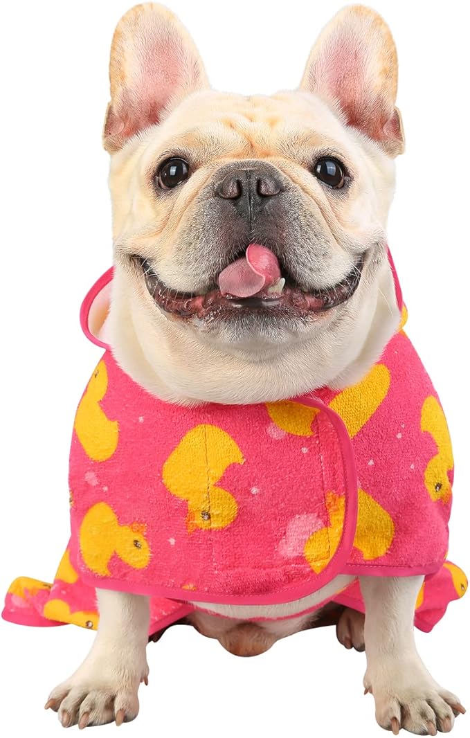 HDE Dog Bathrobe Super Absorbent Quick Drying Towel with Hood for All Dog Breeds Sizes S-XXL - Pink Rubber Ducks - M