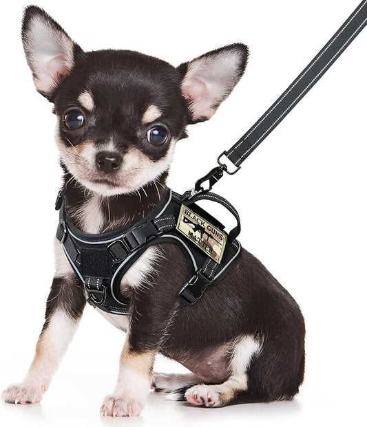 XSmall Tactical Dog Harness and Leash, Military K9 Puppy Vest Harness, No Pull Outdoor Training XS Dog Harness with Handle (XSmall, Black+Leash)