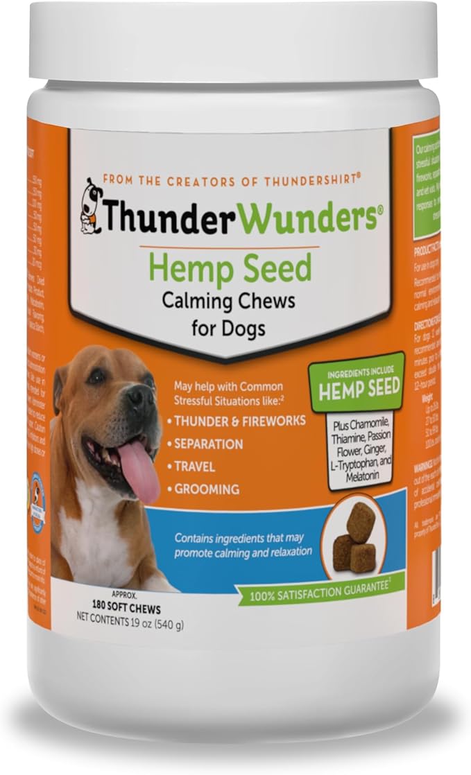 ThunderWunders Hemp Dog Calming Chews | Vet Recommended for Situational Anxiety | Fireworks, Thunderstorms, Travel & More | Made with Hemp Seed, Thiamine, L-Tryptophan, Melatonin & Ginger (180 Count)