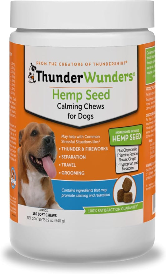 ThunderWunders Hemp Dog Calming Chews | Vet Recommended for Situational Anxiety | Fireworks, Thunderstorms, Travel & More | Made with Hemp Seed, Thiamine, L-Tryptophan, Melatonin & Ginger (180 Count)