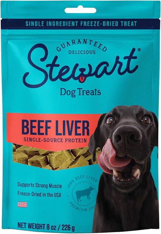 Stewart Single Ingredient Freeze Dried Raw Dog Treats, Beef Liver, 8 Ounce Resealable Pouch, Training Treats or Meal Topper for All Size Dogs, High Protein, Grain-Free, Gluten-Free