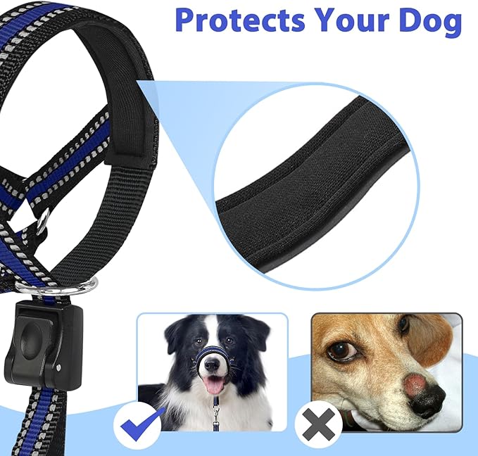 BARKLESS Soft Dog Head Collar, Patented Padded No Pull Head Halter, Training Nose Leash with Safety Link for Medium Large Dogs, Adjustable Muzzle Leash, Easy Control for Walking(Blue, L)