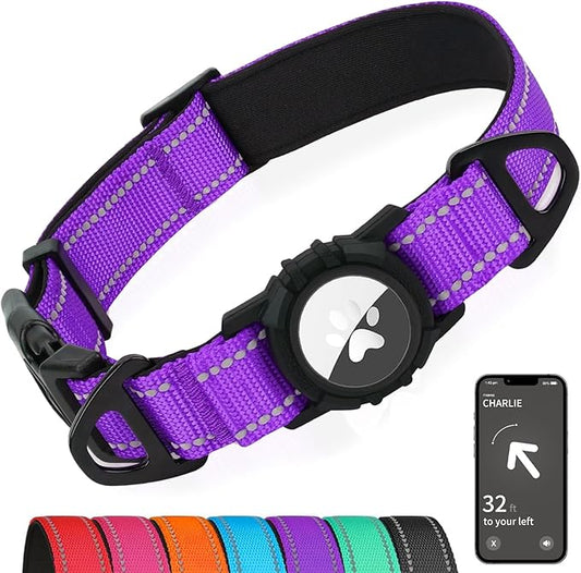 Joytale Airtag Dog Collar, Dual D-Rings, Reflective Pet Collar with Waterproof AirTag Holder, Soft Padded Adjustable for Medium Dogs, Purple, M
