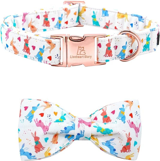 Lionheart glory Easter Dog Collar with Bow Tie Rabbit Print Dog Collar Girl or Boy Soft Durable Adjustable Collar Bows Spring Collar Dog Bow for Large Dogs