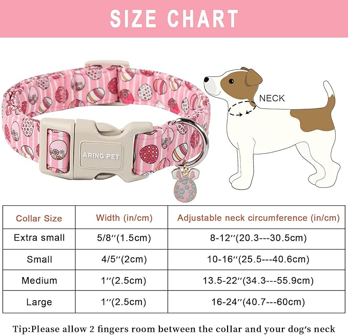 ARING PET Dog Collar - Cute Pink Striped Collar with Easter Eggs, Adjustable Quick Release Buckle for Dogs