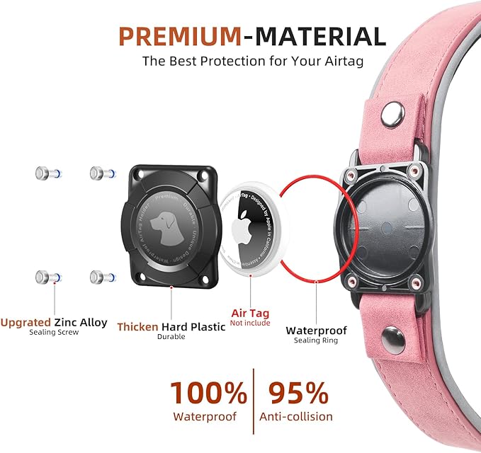 AirTag Dog Collar - Leather Dog Collar with Air Tag Holder | IPX8 Waterproof, Reflective, High - End, Adjustable Soft Padded | Dog GPS Tracker Collars Fit for Medium Large Dogs (Pink, M)
