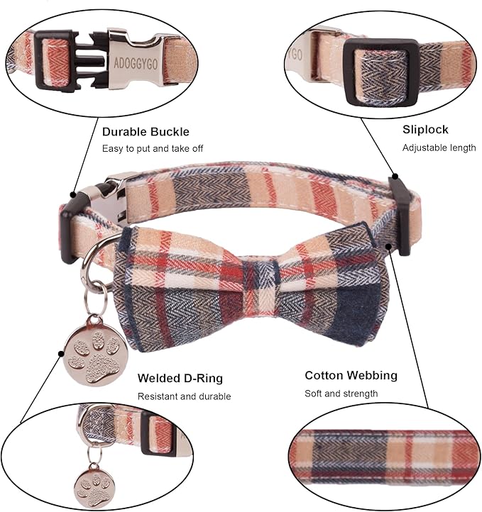 ADOGGYGO Soft Bowtie Dog Collar, Red Blue Plaid Pet Collar with Detachable Bow Tie Adjustable Plaid Collars for Small Medium Large Dogs Pets (Medium)