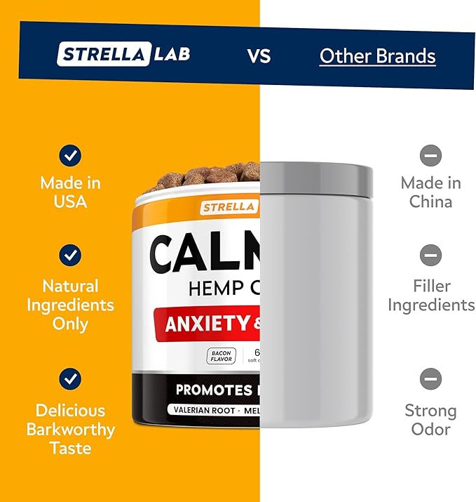 STRELLALAB Advanced Calming Chews for Dogs - Hemp Chews + Melatonin - Anxiety Relief - Sleep Aid - Relaxing Treats - Stress Relief During Fireworks, Storms, Thunder, Barking - Made in USA - BBQ - 60Ct
