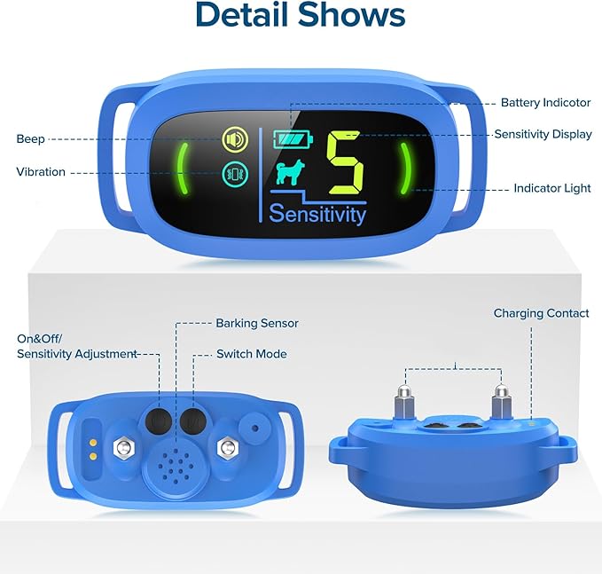 Bark Collar, Rechargeable Dog Bark Collar with 5 Adjustable Sensitivity and Intensity Beep Vibration, Anti Barking Collar for Small Medium Large Breed Dogs (Blue)