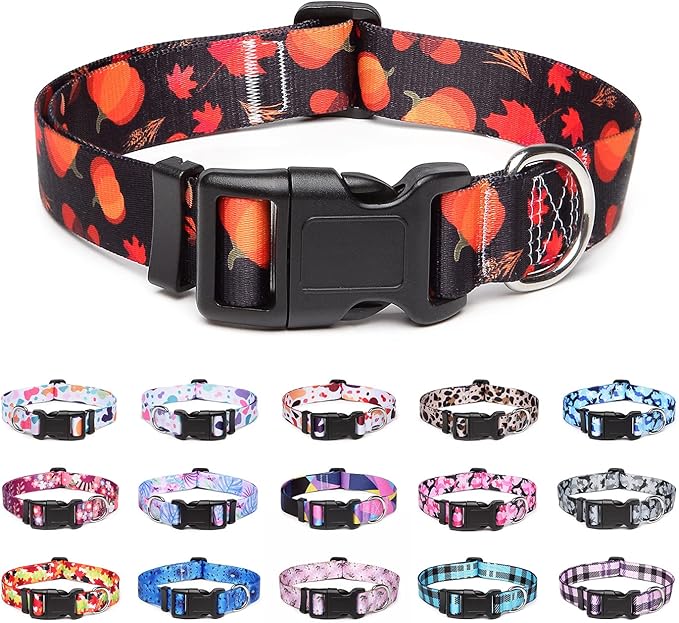 Adjustable Dog Collar with Patterns, Ultra Comfy Soft Nylon Breathable Pet Collar for Small Medium Large Dogs (L, Pumpkin)