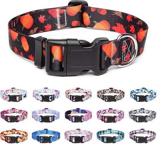 Adjustable Dog Collar with Patterns, Ultra Comfy Soft Nylon Breathable Pet Collar for Small Medium Large Dogs (L, Pumpkin)