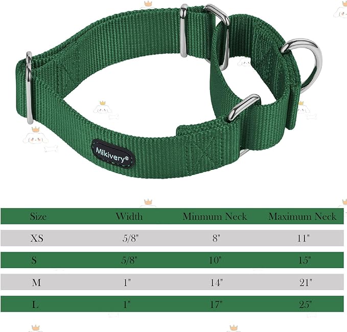 Mikivery Martingale Dog Collar Nylon Adjustable and Safety Training Colourful Comfortable Metal Buckle Pet Collars for Small Medium and Large Dogs(Dark Green,L)