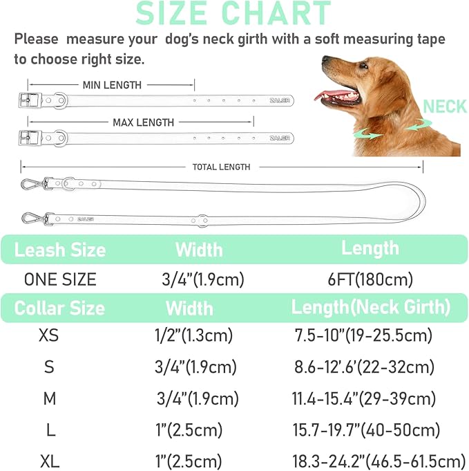 ZALER Dog Collar and Leash Set, Waterproof Adjustable Odor Proof Pet Collars Leashes Easy to Clean, 6FT Dog Leash with 2 Hooks for Large, Medium Small Dogs (M, Mint Green)