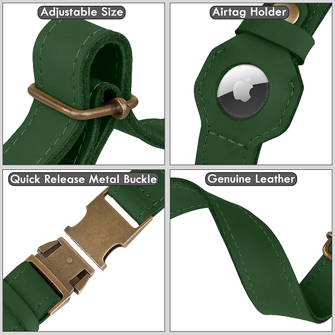 AirTag Dog Collar - Genuine Leather Dog Collar with Apple AirTag Holder and Metal Buckle - Smart GPS Tracking Pet Collars for Small Medium Large Dogs Puppy (Dark Green, XL, 20"-25" Neck Fit)