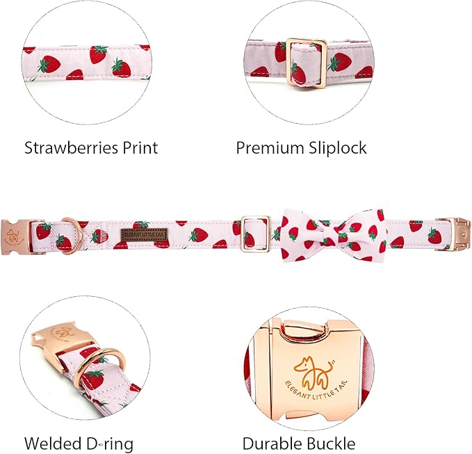 Elegant little tail Dog Collar, Strawberries Print Pet Collar Summer Dog Collar Durable Metal Buckle Dog Collars Cotton Pet Adjustable Dog Collars for Large Dogs