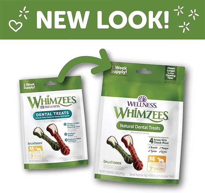 Wellness WHIMZEES Daily Brushzees Dog Dental Treats, Natural Chews, Medium Size Stick, (7 Count)