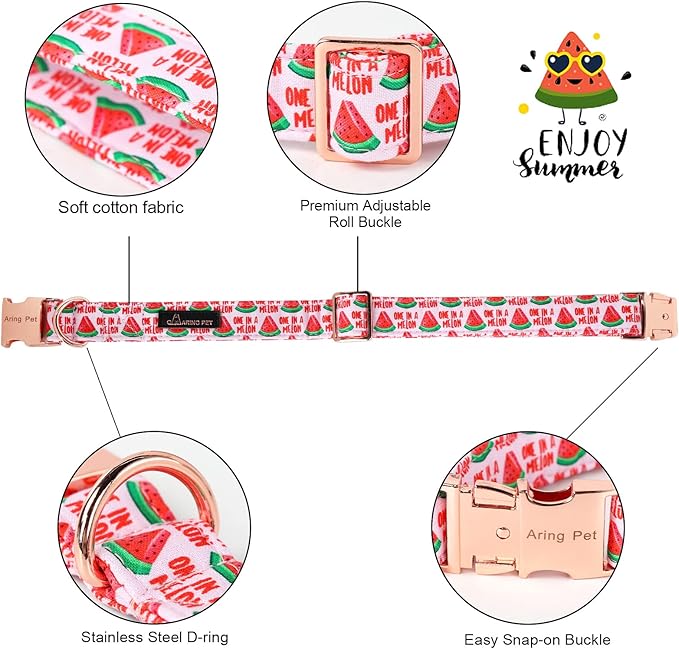 ARING PET Summer Pink Watermelon Dog Collar with Bow, Adjustable Cotton Bowtie Collar with Metal Buckle