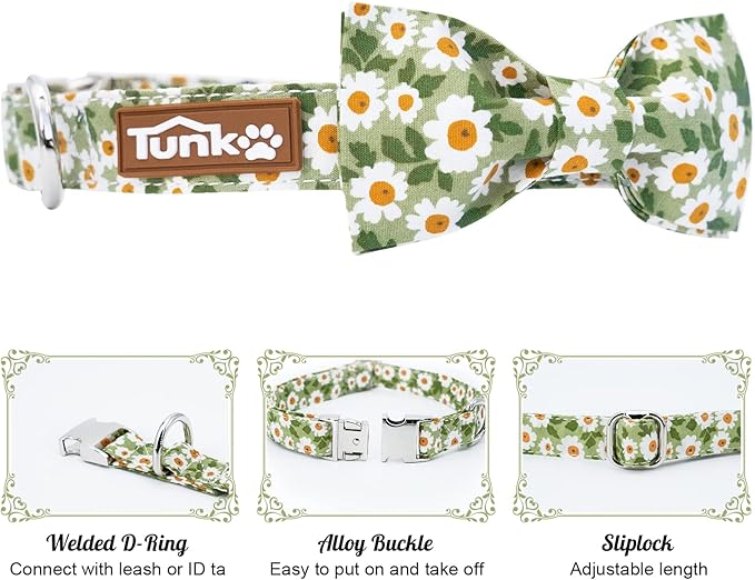 Tunkoo Dog Collar Floral with Elegant Bow Tie Soft Comfy Cotton Adjustable Collar, Premium Metal Buckle for Puppy and Cat Small Medium Large(Green Flowers,M)
