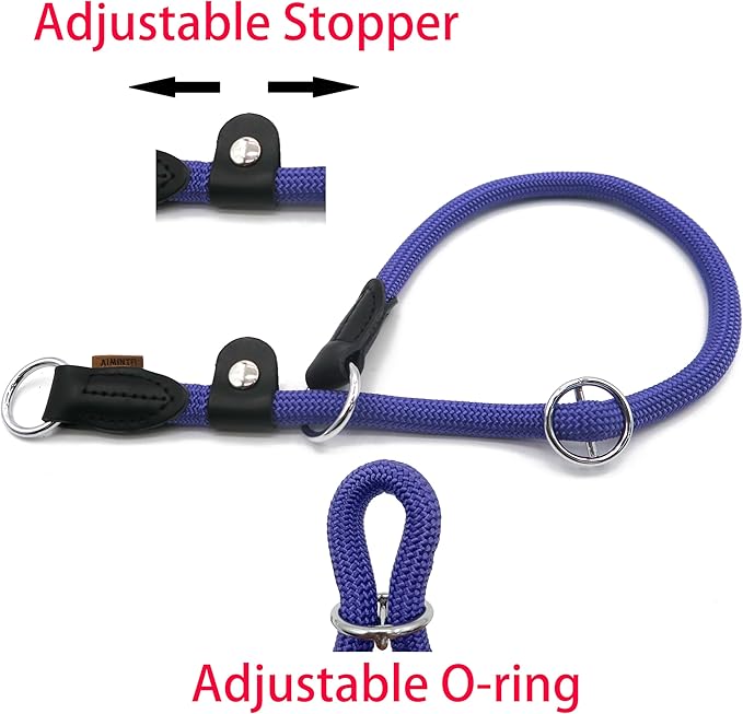 Braided Round Martingale Dog Collar, Training Collar with Slidable Stop Ring and Adjustable Stopper - Ideal for Large Dogs (L(1/2") - 20" Long, Purple)