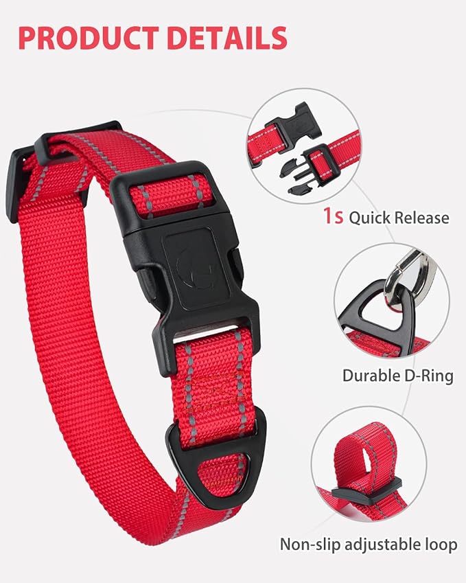 Joytale Small Dog Collar, Reflective and Adjustable Nylon Collar with Quick-Release Buckle, Lightweight No-Choke Design for Small Dogs, Red, 5/8" Width