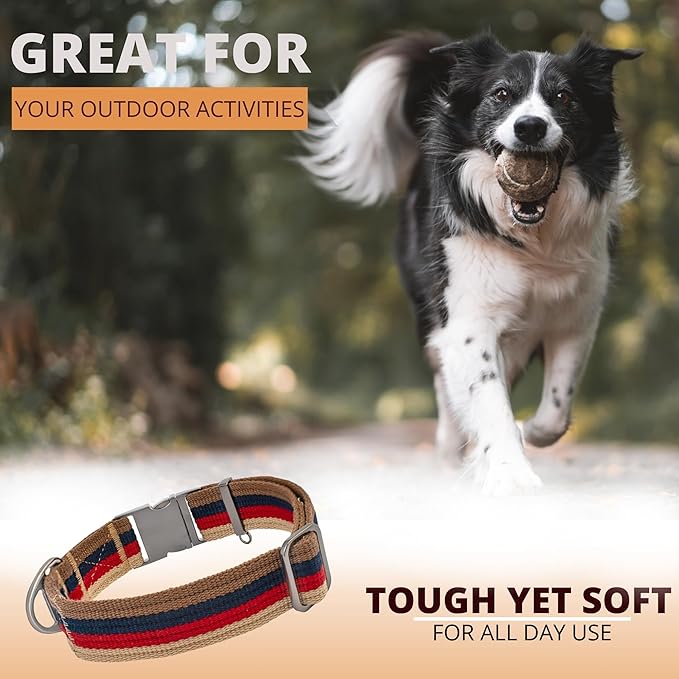 ADITYNA Cotton Dog Collar with AirTag Holder - Heavy-Duty Metal Buckle, Breathable, Easy Adjustable for Large & Extra-Large Breeds - for Walking, Training (Vintage Stripes, Fits 19-30" Necks)
