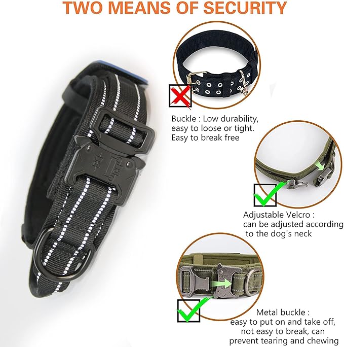 KCUCOP Tactical Dog Collar for Medium & Large Dogs - Military Nylon Heavy Duty Collar with Handle, Reflective Strip & Metal Buckle for Training, Outdoor (Black Reflective, Large)
