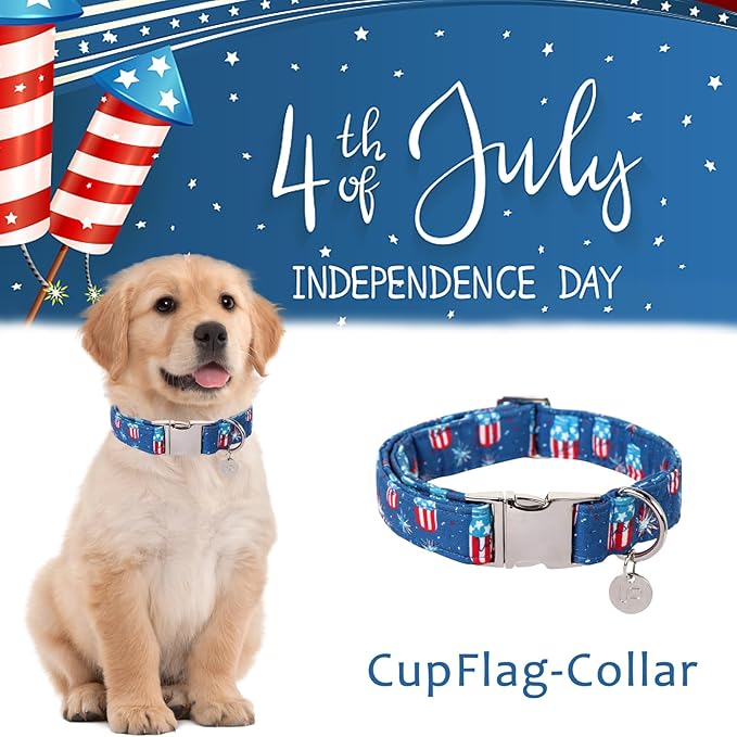 4th of July Dog Collar, Patriotic Dog Collar, American Flag Collar for Puppy Boy Girl Dog or Cat, Comfortable Summer Collar with Metal Buckle, XS
