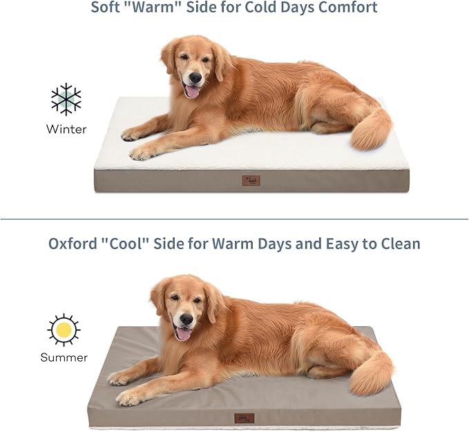 Orthopedic Dog Bed for Extra Large Dogs, XL Waterproof, Egg Crate Foam with Removable Washable Oxford Cooling Cover, Khaki White