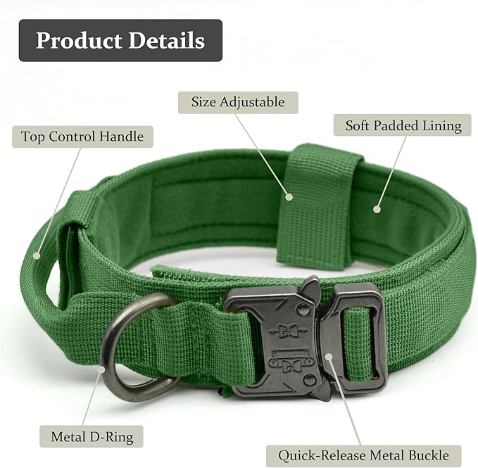 Tactical Dog Collar, Adjustable Military Training Nylon Dog Collar with Control Handle and Heavy Quick-Release Metal Buckle for Small Medium Large Dogs, Emerald Green XXL