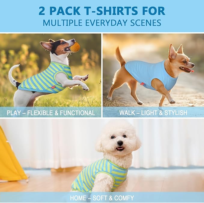 KYEESE 2Pack Dog Shirts Small Tee Soft for Small Dogs Striped T Shirt Lightweight Sleeveless Vest Cotton Tank Top Clothes, Large,Blue+Striped